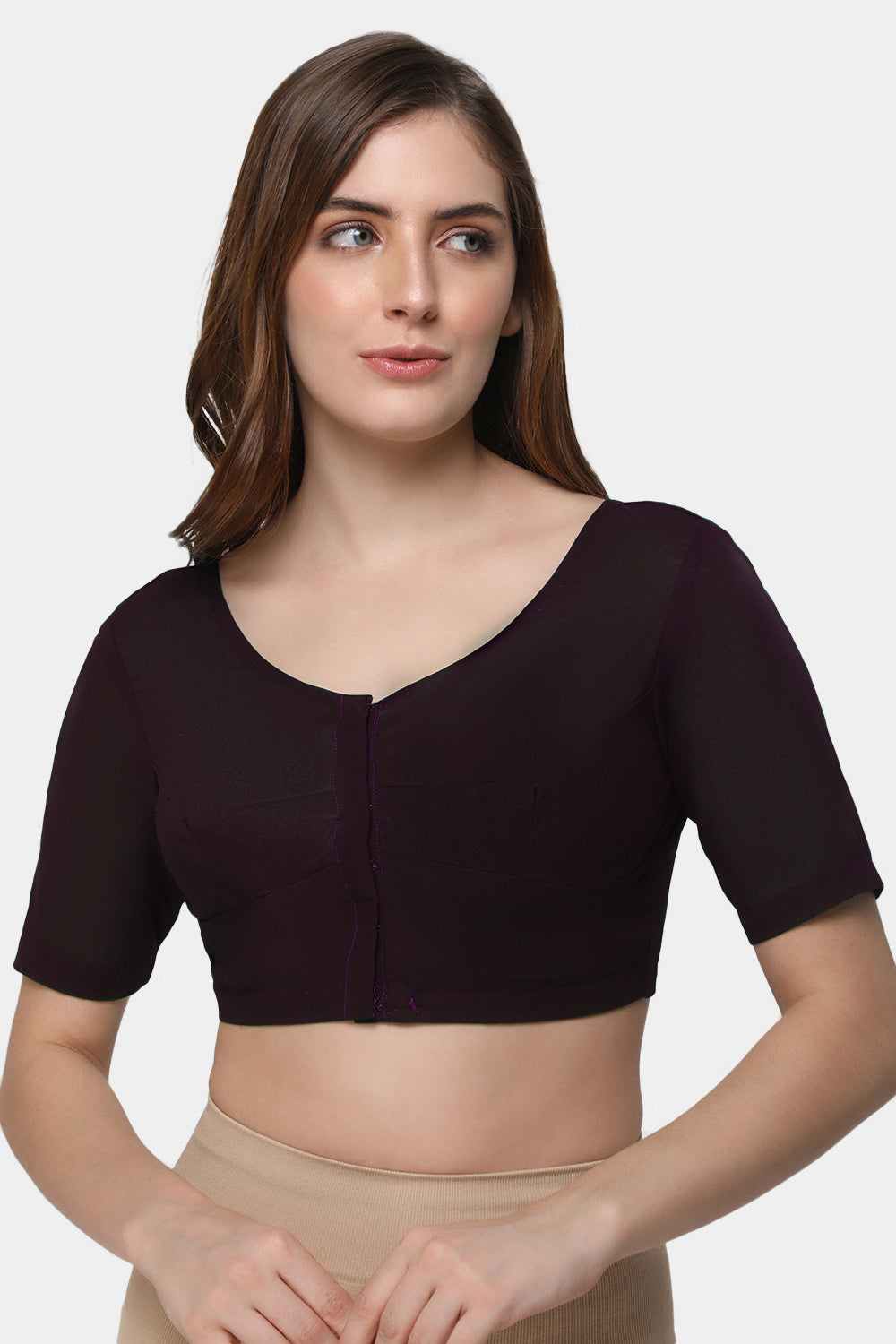 Naidu Hall Women's 2x2 Cotton Saree Blouse | Readymade Round Neck Elbow Sleeve Woven Cotton Blouse | Plain Traditional Blouse for Cotton, Handloom, Linen & Silk Cotton Sarees - RNRE