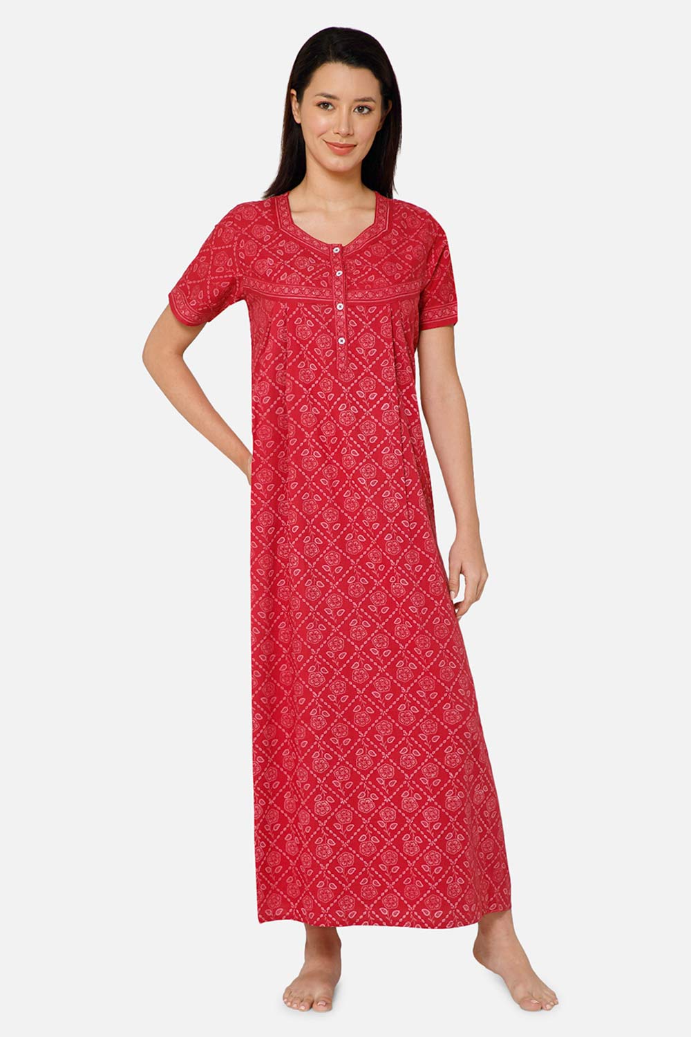Naidu Hall A-line Front Open Women's Nighty Full Length Half Sleeve  - Pink - R133