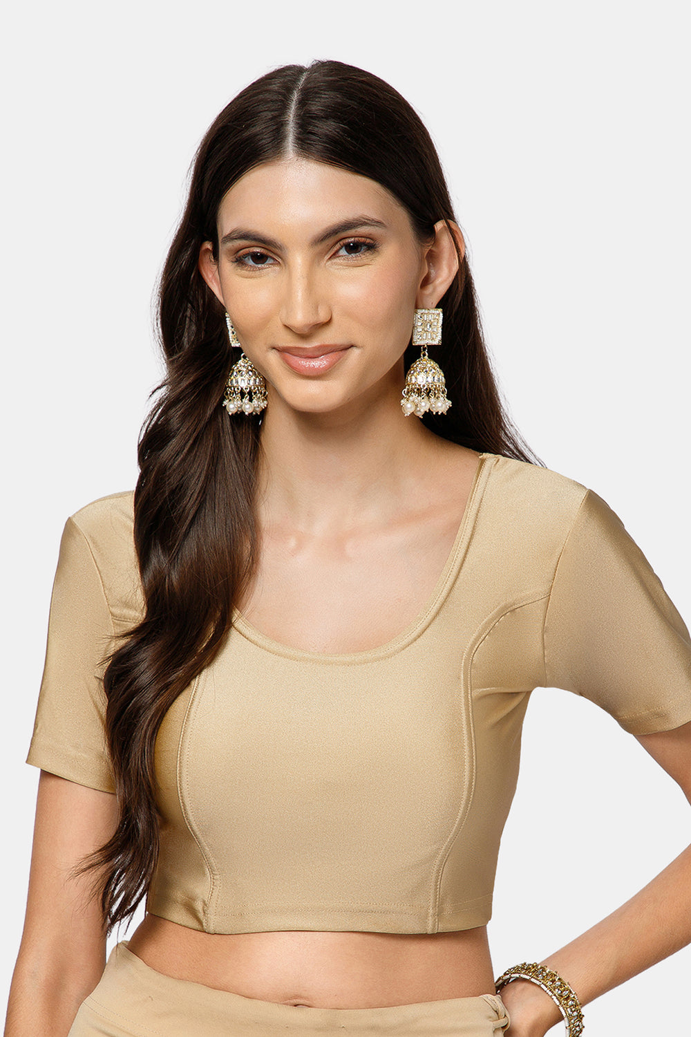 Naidu Hall Women’s Shimmer Knitted Saree Blouse | Silk Blend Round Neck Short Sleeve Ready to Wear Blouse | Regular Fit Solid Stretch Blouse for Sarees - Skin Shimmer