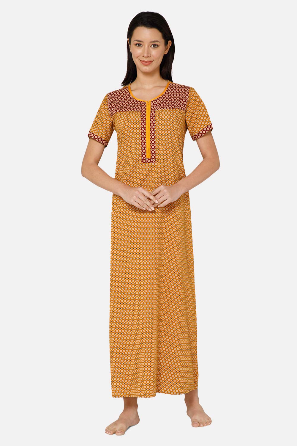 Naidu Hall A-line Front Open Women's Nighty Full Length Half Sleeve - Mustard- R125