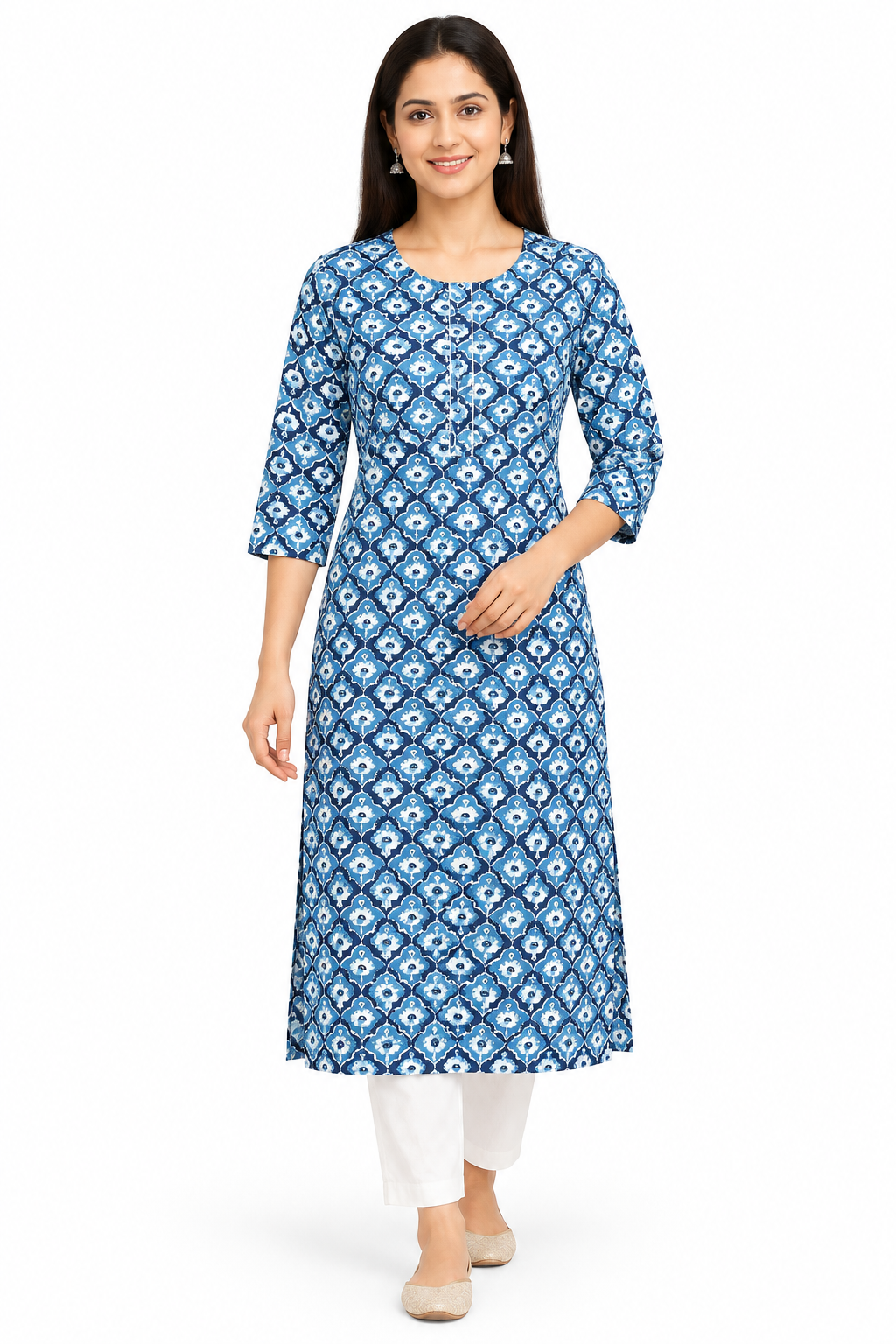 Women's Prints Cotton Blend Kurti with Round Neck, 3/4 Sleeve and Regular Fit - Below Knee | Casual Ethnic Wear Kurti for Daily Wear & Casual Outings - 3471