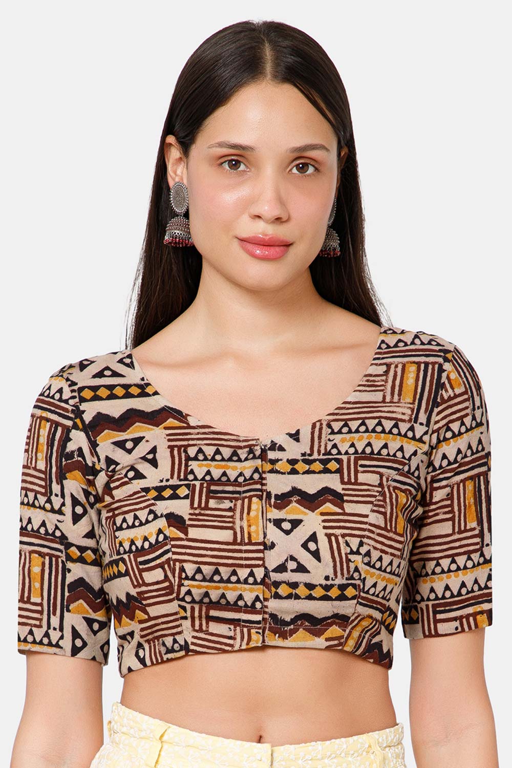 Naidu Hall Women’s Blouse Cotton Kalamkari Padded Front Open U Neck Princess Cut Elbow Sleeve Saree Blouse - Brown - BU17