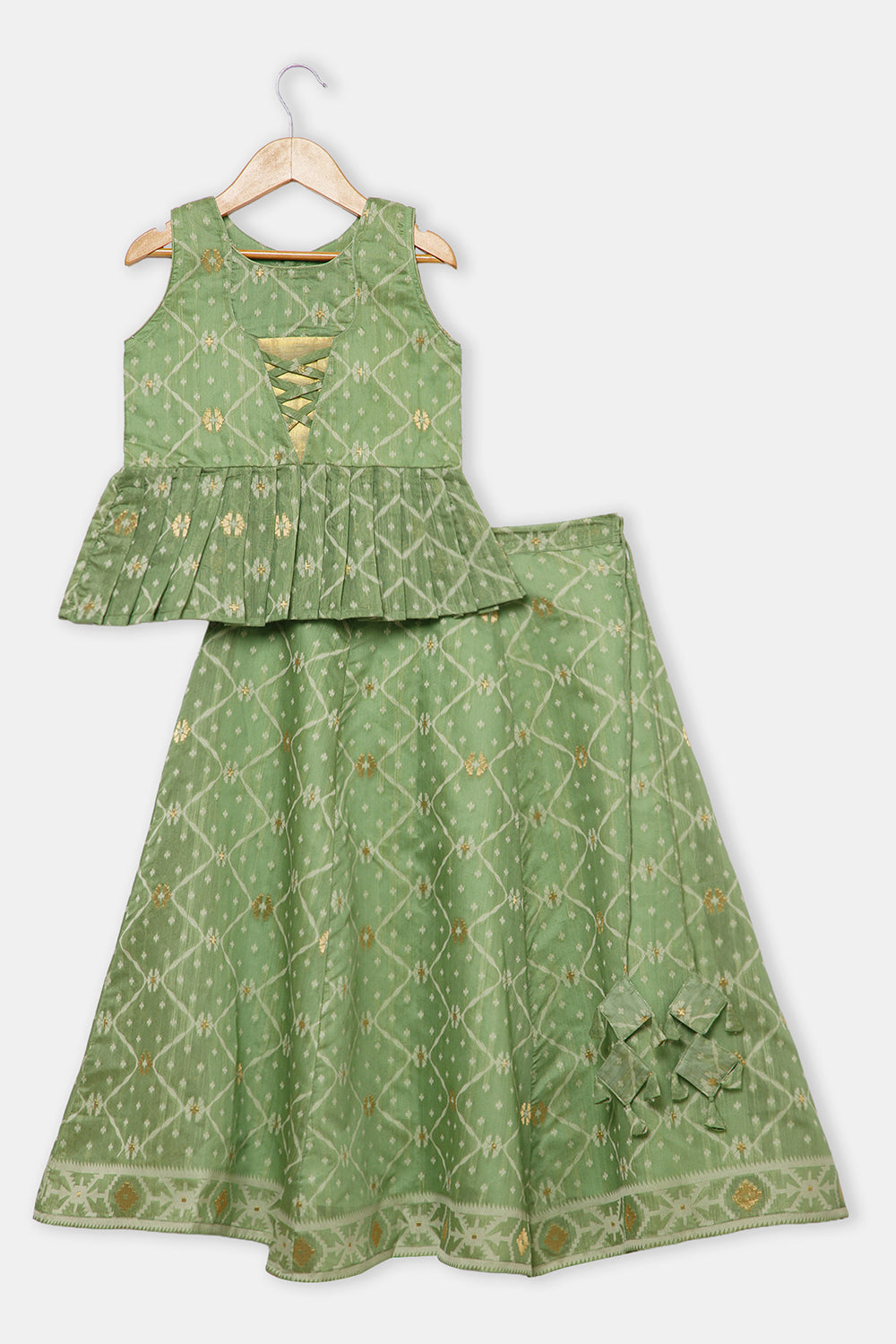 Chittythalli Girls’ Ethnic Pavadai Set – Chanderi Jamdani Peplum Top with Criss-Cross Cording & Kali Skirt | Traditional Festive Wear for Girls - PS91