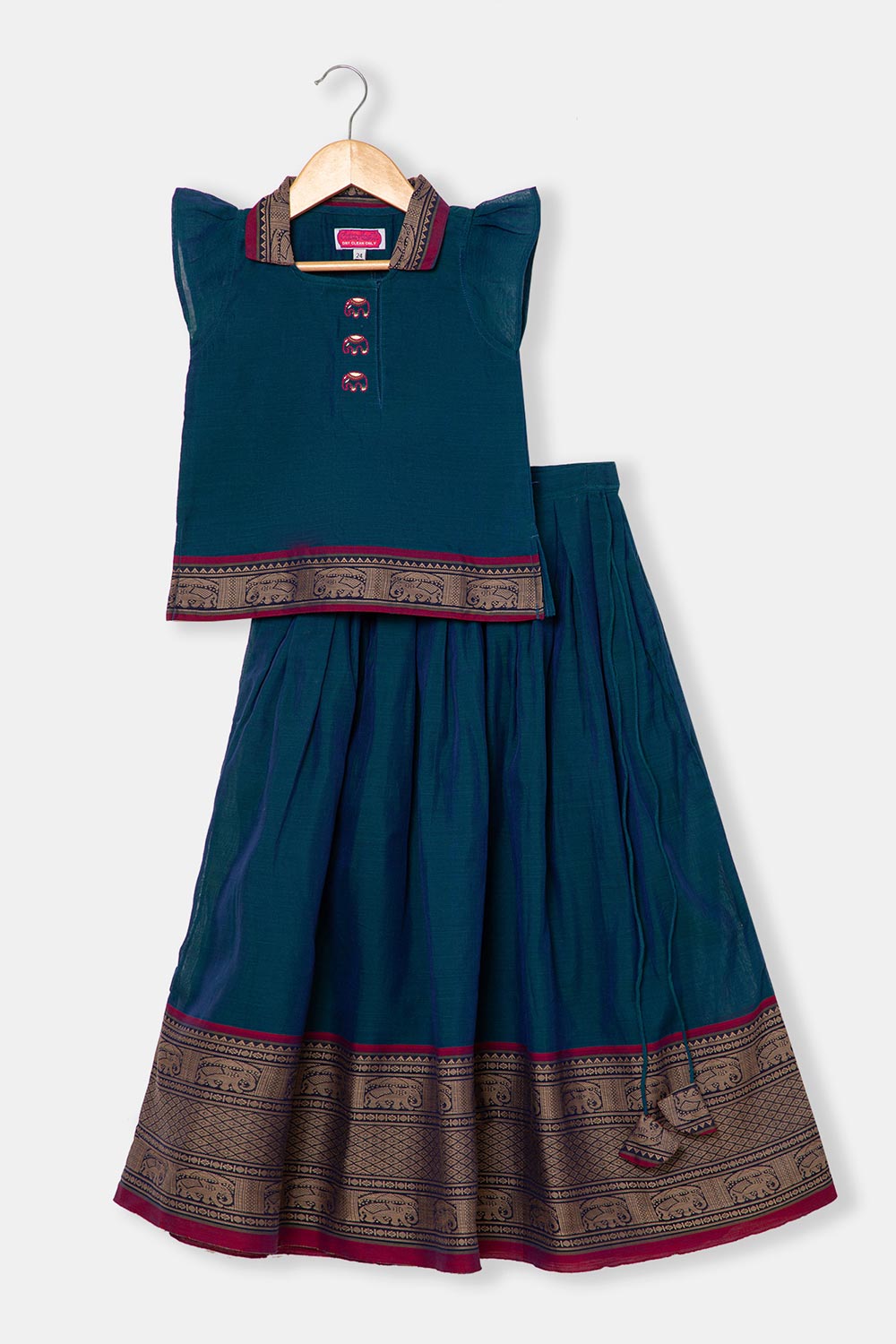 Chittythalli Girls Ethnic Pavadai Set – Hand Embroidered Fish Blouse with Box Pleated Skirt & Tassels - Blue - PS86