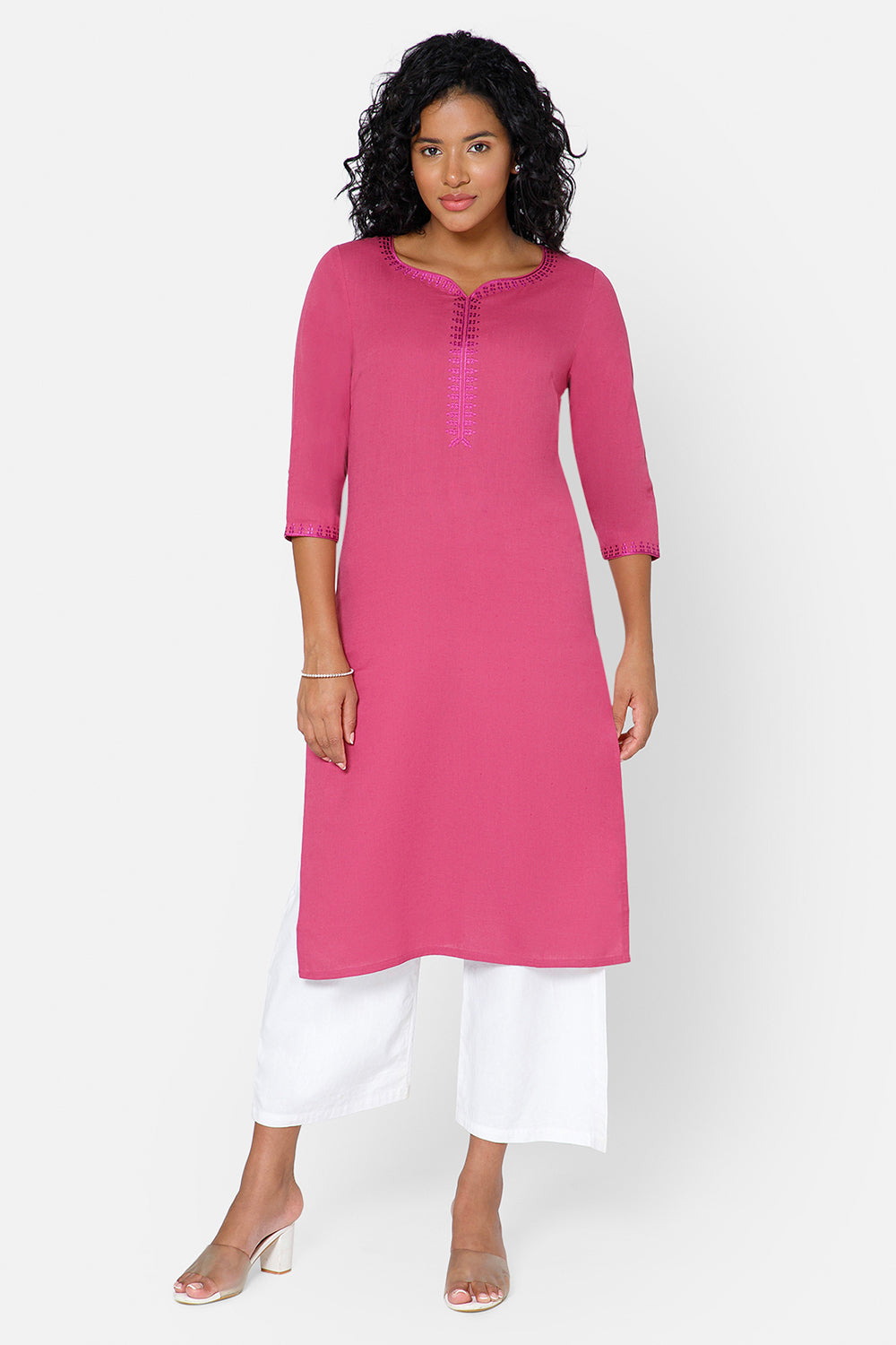 Mythri Women's Casual Kurthi with Sweetheart Neck 3/4th Sleeves - Pink - KU47