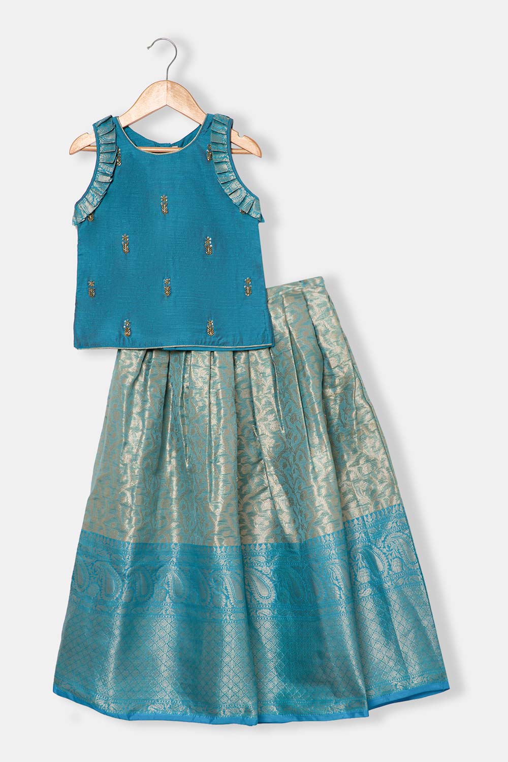 Chittythalli Girls Pavadai Set – Cotton Blend Box Pleated Skirt with Embroidered Butta Blouse - Blue - PS47