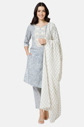 Mythri Straight Kurta With Embroidery Neck Patch And Sleeve Hem Lace Detail With Matching Dupatta Salwar Set  - Grey  - SS03