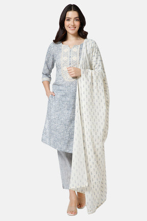 Mythri Straight Kurta With Embroidery Neck Patch And Sleeve Hem Lace Detail With Matching Dupatta Salwar Set  - Grey  - SS03