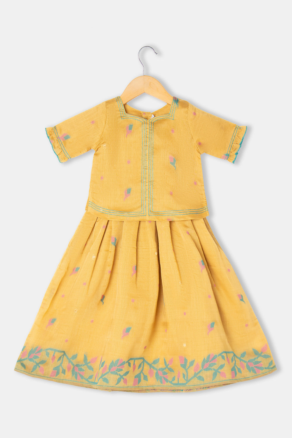 Chittythalli Girls Pavadai Set Cotton Blend with Sweetheart Neckline & Box Pleat Skirt- Yellow - PS75