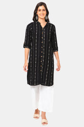 Mythri Women Knee Length Straight Kurtha - Black - KU37