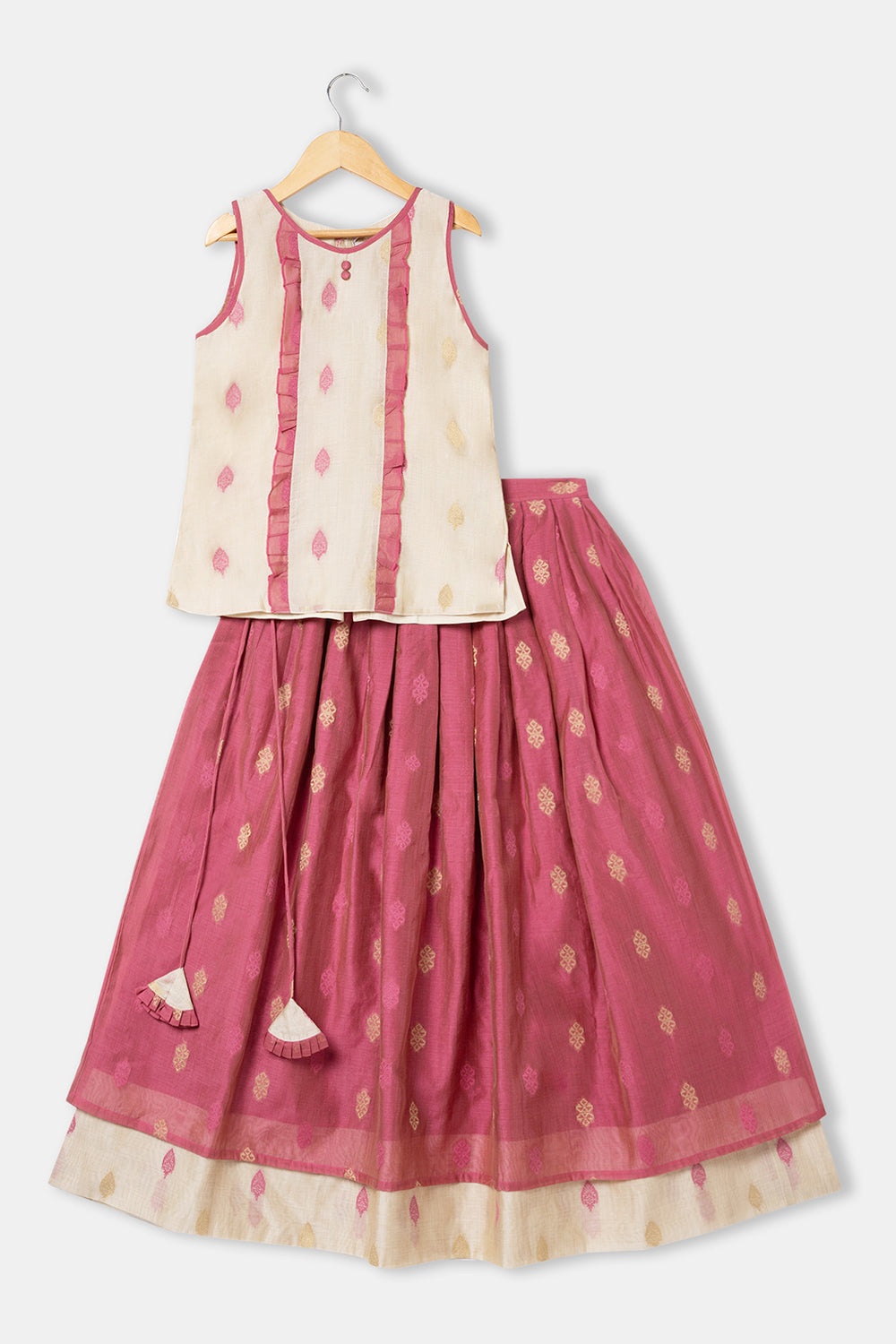 Chittythalli Ruffle Detailing Short Sleeve Ethnic Pavadai Set - Pink - PS28