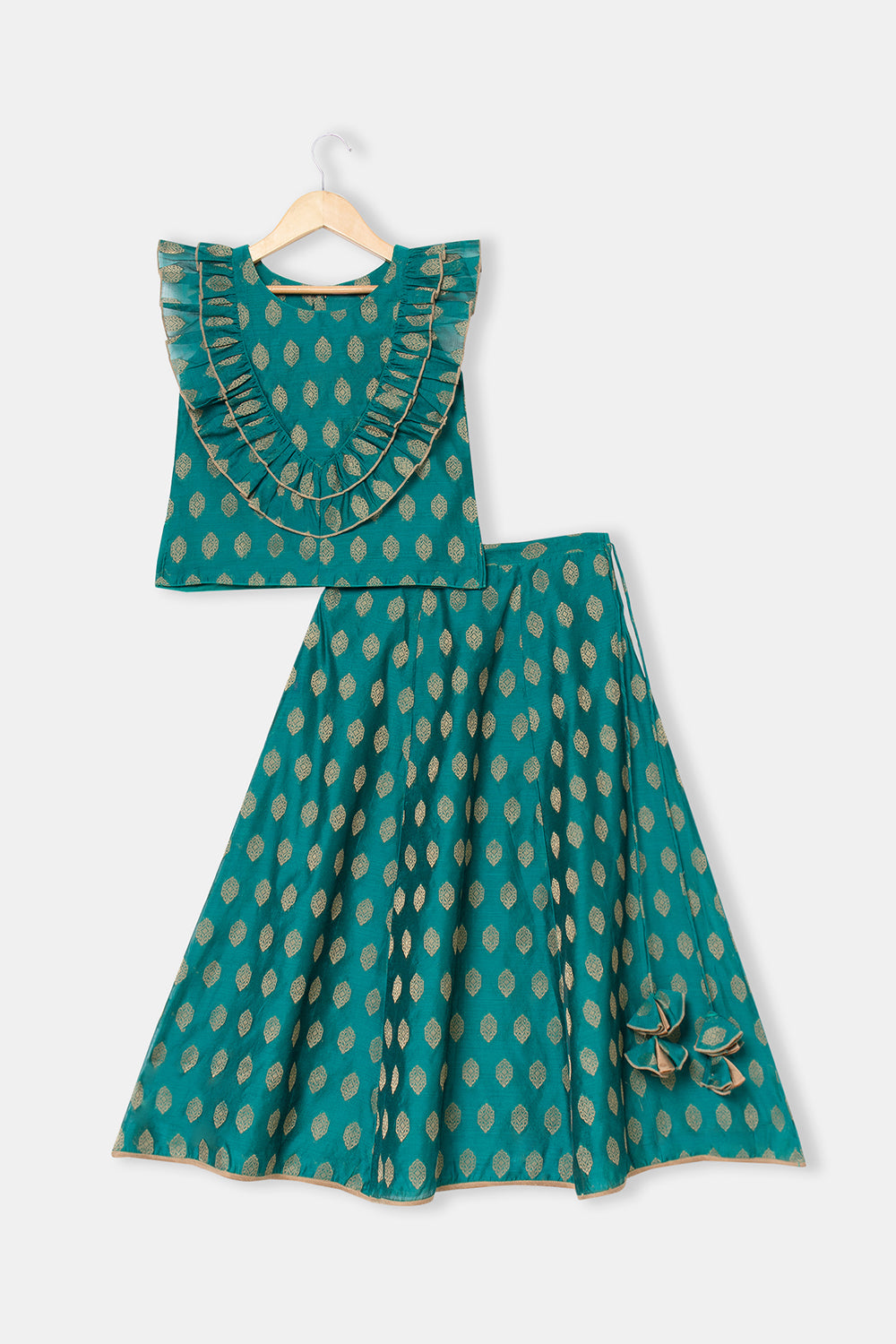 Chittythalli Girls Pavadai Set with Two-Layer Ruffle Top & Tassel-Detail Kali Skirt - Teal Green - PS79