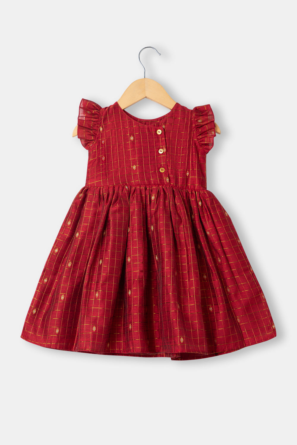 Chittythalli Raw Silk Girls Toddler Frock with Gold Button Embellishments and Zari Butta Fabric - Red - FR29