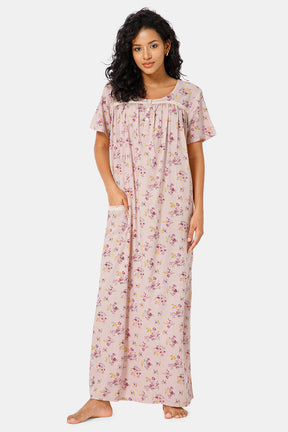 Naidu Hall Front Open Round Neck Short Sleeve Printed Nighty-Light pink - NT11