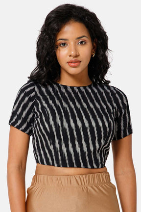 Naiduhall Princess Cut High Neck Short Sleeve Ikat Blouse - Black - BU09