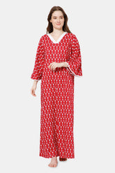 Naidu Hall V Neck Printed Nighty with Long Bell Sleeves - Red - NT40