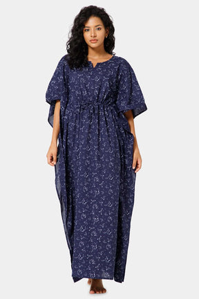 Naidu Hall  Round Neck Kaftan Style Printed Nighty-Navy Blue - NT27