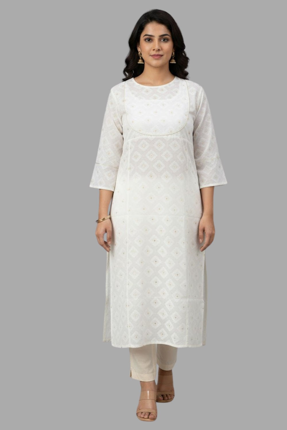 Mythri Women’s White Jacquard Chanderi Kurti – Gold Piping & Sheer Yoke Design - White Jacquard -1 - KU97