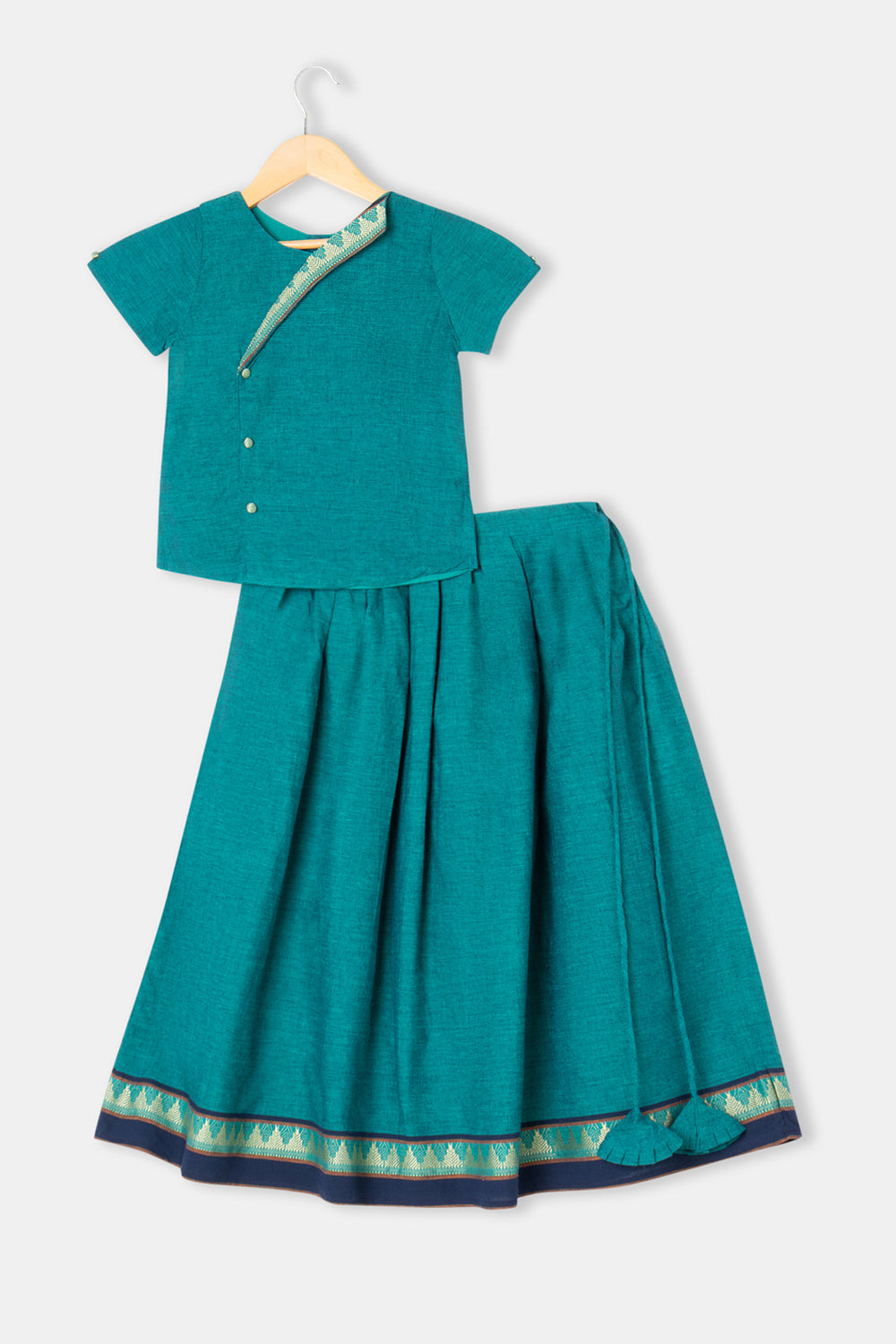 Teal Green Cotton Ethnic Pavadai Set – Stylized Collar & Puff Sleeves | Chittythalli Festive Outfit - PS67