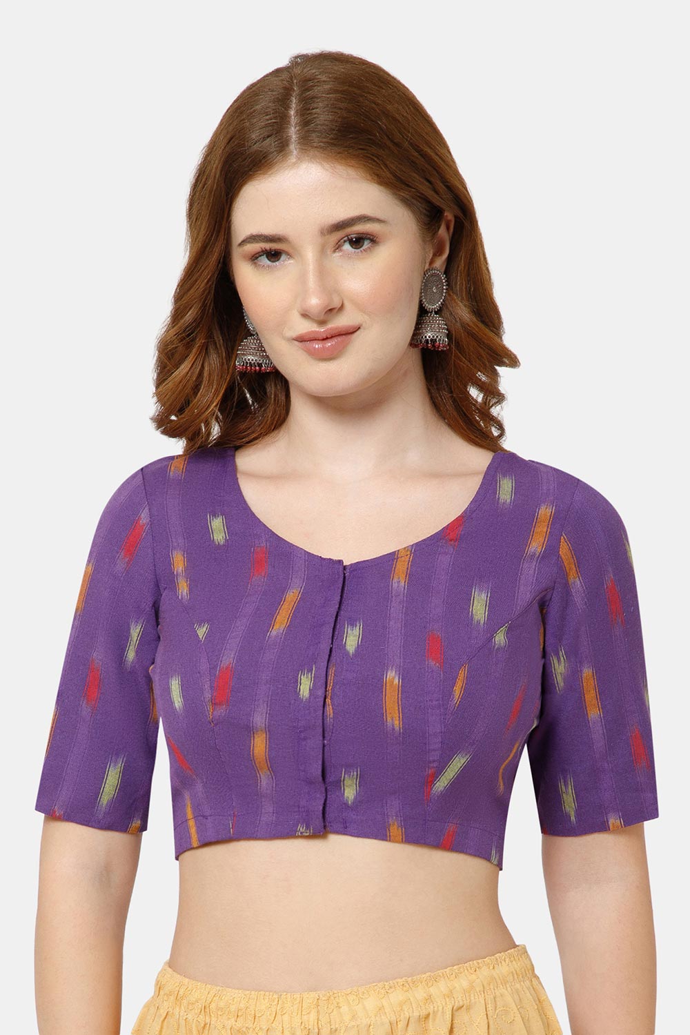 Naidu Hall Women’s Cotton Blouse | Woven U-Neck Ethnic Blouse with Elbow Sleeves & Front Closure - Purple - BU17