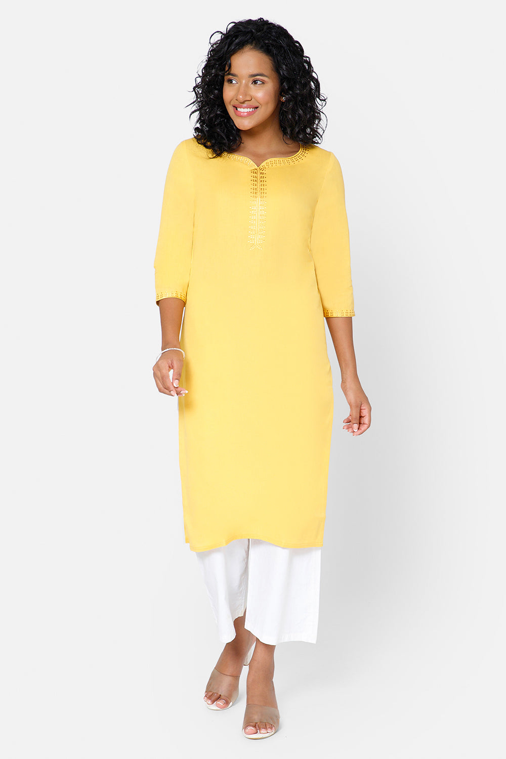 Mythri Women's Casual Kurthi with Sweetheart Neck 3/4th Sleeves - Yellow - KU47