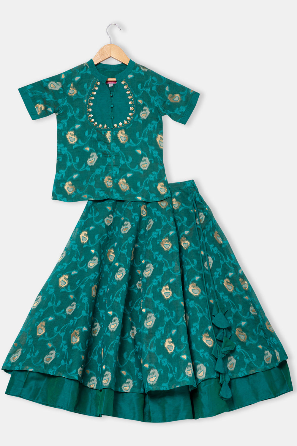 Chittythalli Girl's Ethnic Pavadai Set Round Neck Top with Shoulder Tie-Ups Sequin Embroidery & Kali Skirt - Teal Green - PS70