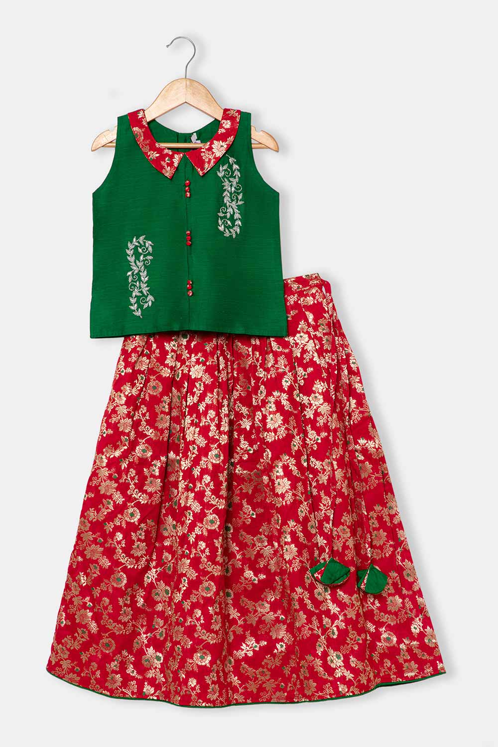 Chittythalli Girls Pavadai Set – Cotton Blouse with Brocade Collar & Zari Embroidery, Box Pleated Skirt - Green  - PS80
