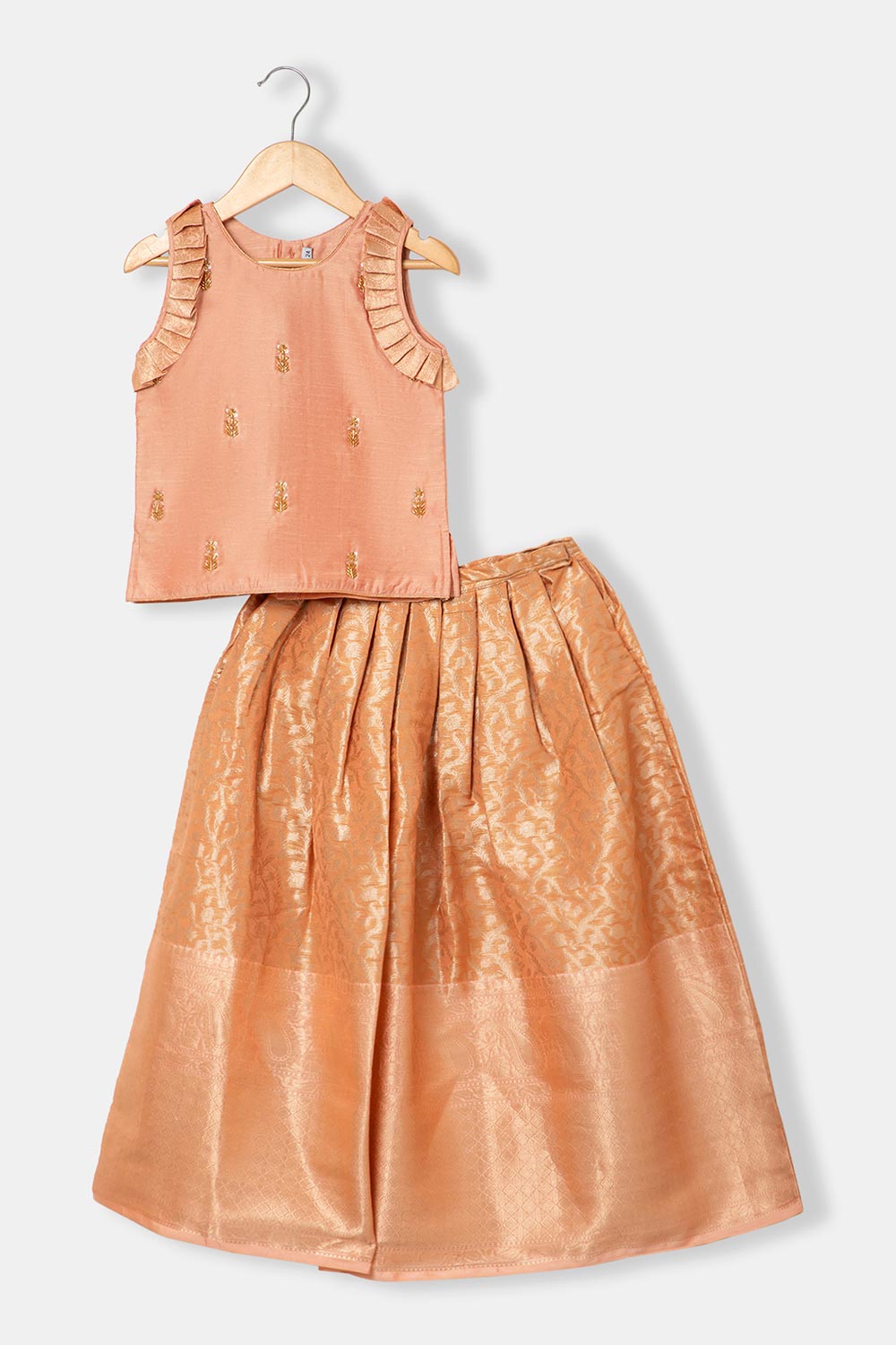 Chittythalli Girls Pavadai Set – Cotton Blend Box Pleated Skirt with Embroidered Butta Blouse - Peach - PS47