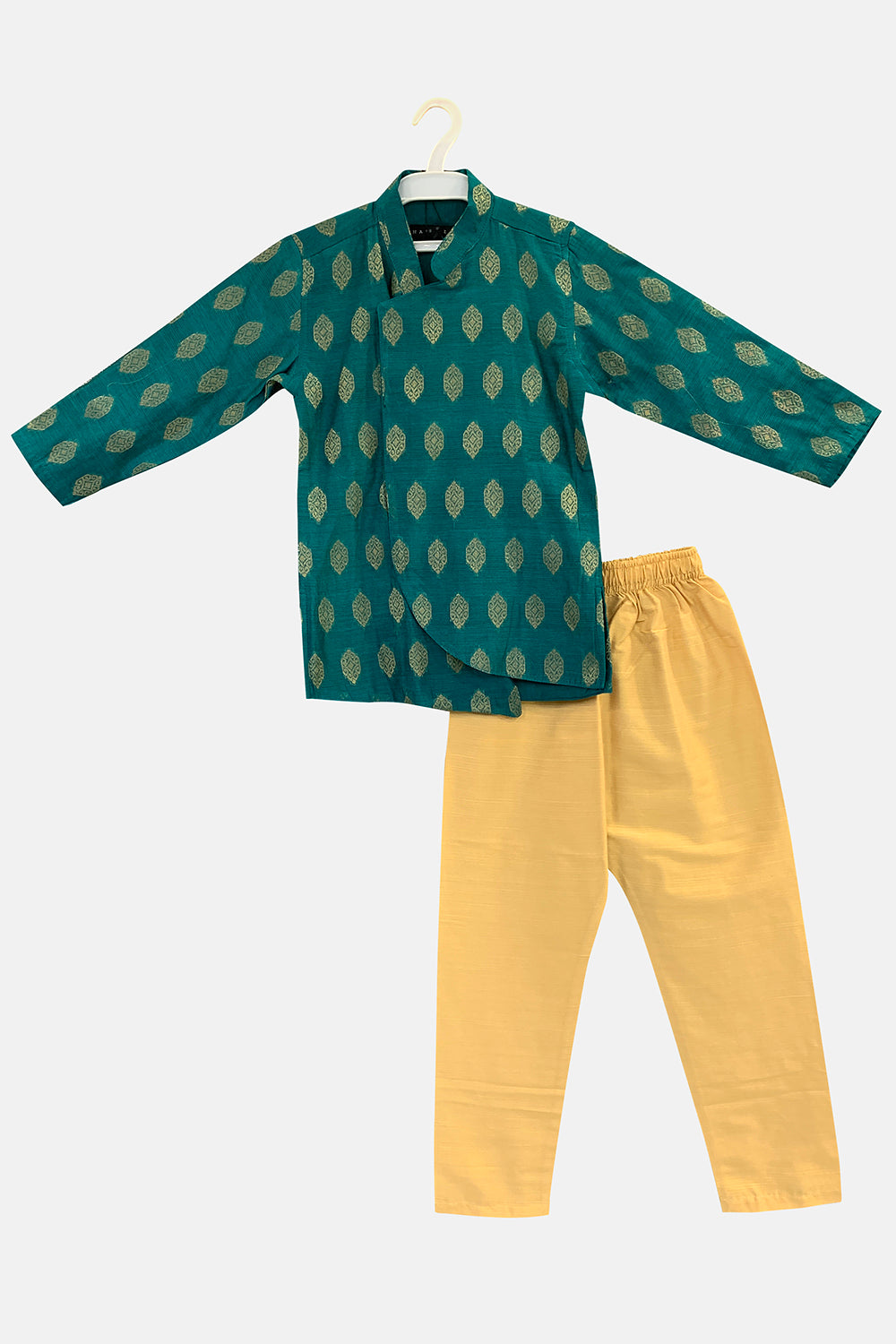 Navkrish Boy's Ethnic Kurta Set with Asymmetric Jacket with Mandarin Collar - Green - S012