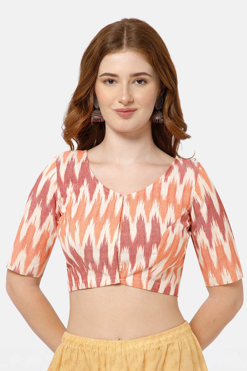 Naidu Hall Women's Cotton Blouse | Woven U-Neck Ethnic Blouse with Elbow Sleeves & Front Closure - White Red-3 - BU17