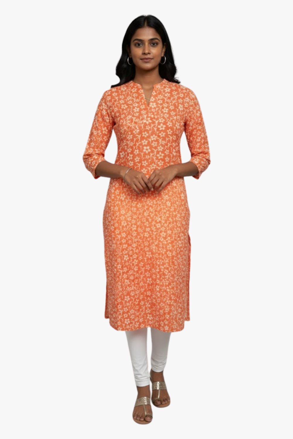 Mythri Women’s Cotton Straight Kurtha for Women – Mandarin Collar & 3/4th Sleeves Floral Print - Orange - C307