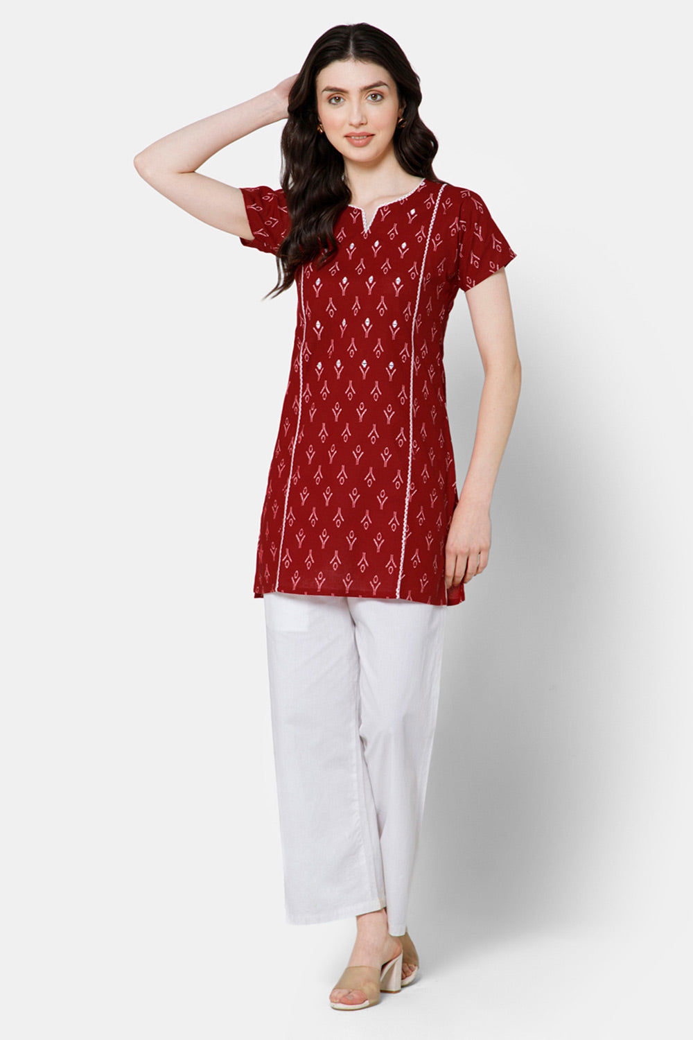Mythri Women's Casual Tops with Minimalistic Mirror Embroidery With Lace At  The Neckline And Princess Line - Red - E010