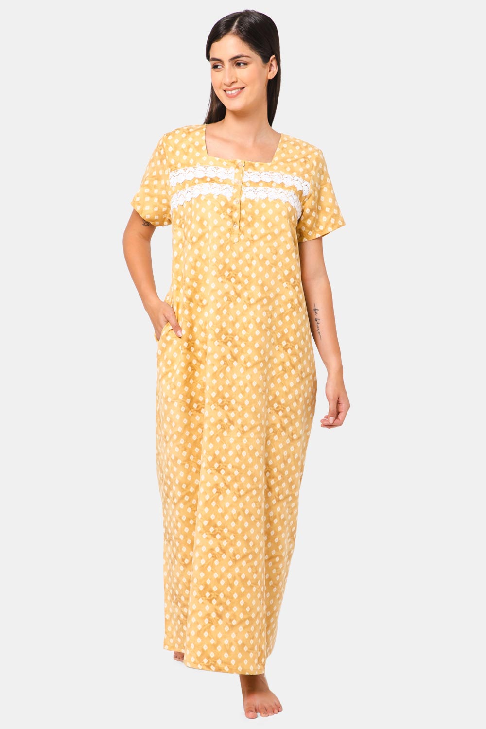 Naidu Hall Square Neck Front Open Nighty with  Side Pocket - NT14 - Mustard