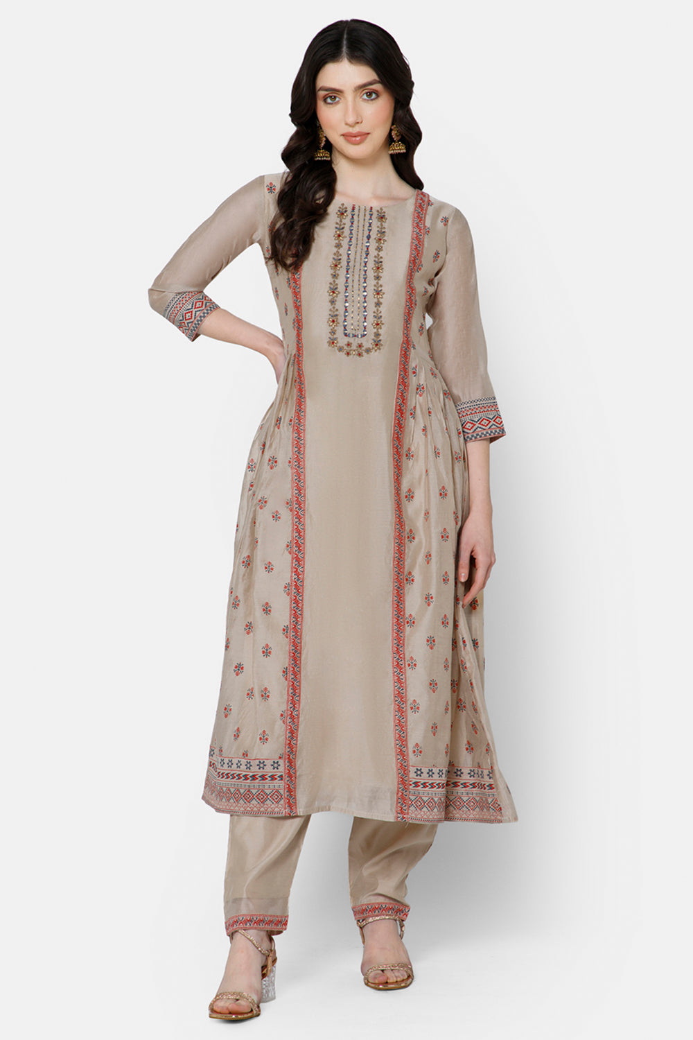 Mythri Panelled anarkali set with round neck and 3/4th sleeves  - Fawn - E001