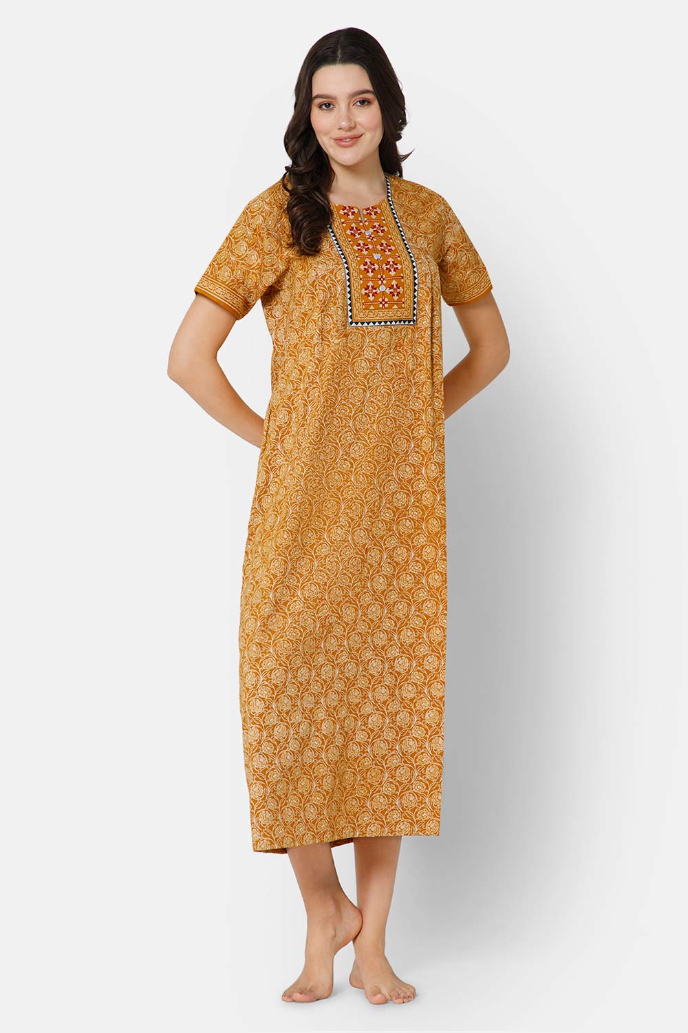 Naidu Hall A-line Women's Nighty Full Length Half Sleeve  - Mustard - R136