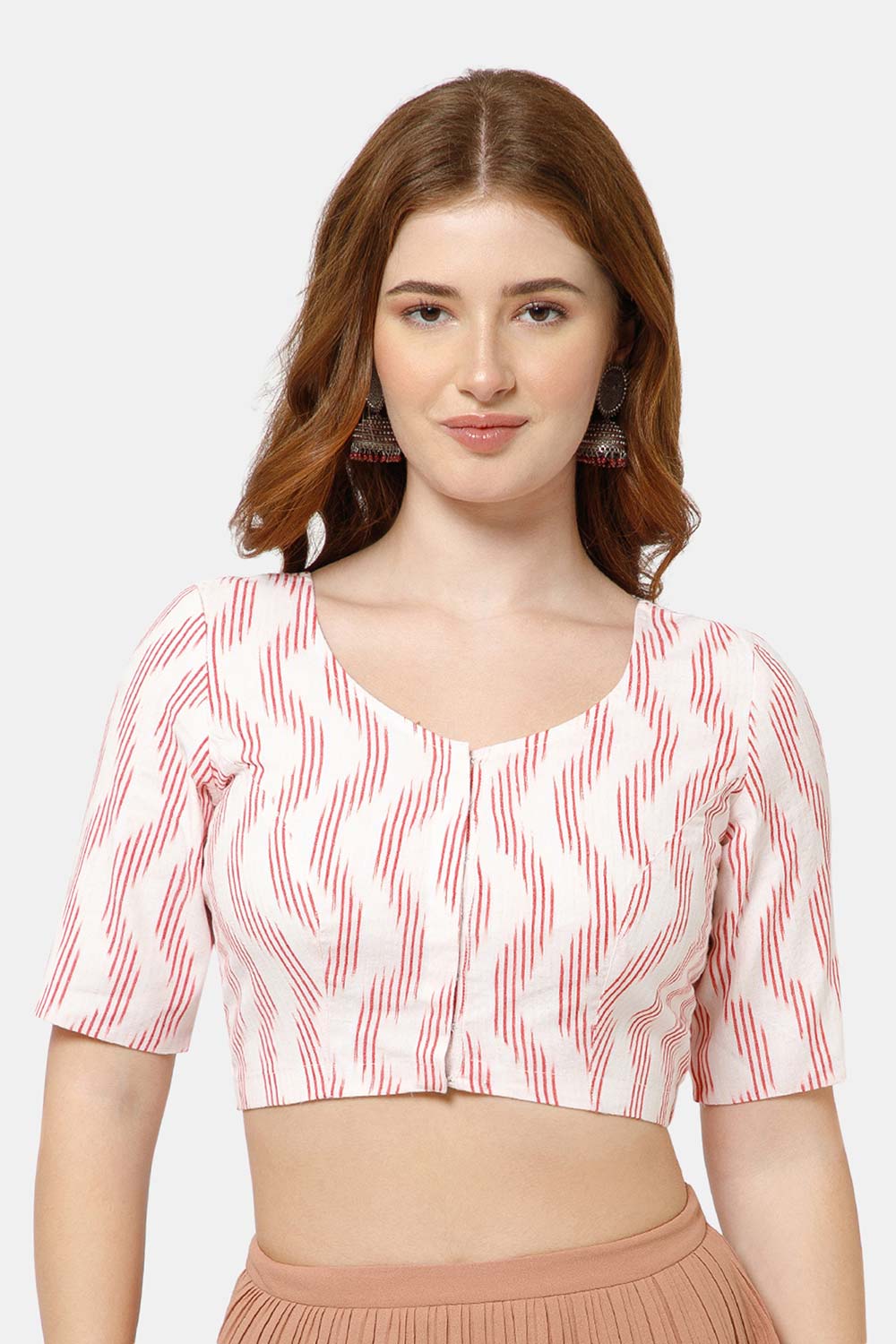 Naidu Hall Women’s Cotton Blouse | Woven U-Neck Ethnic Blouse with Elbow Sleeves & Front Closure - White Red-2 - BU17