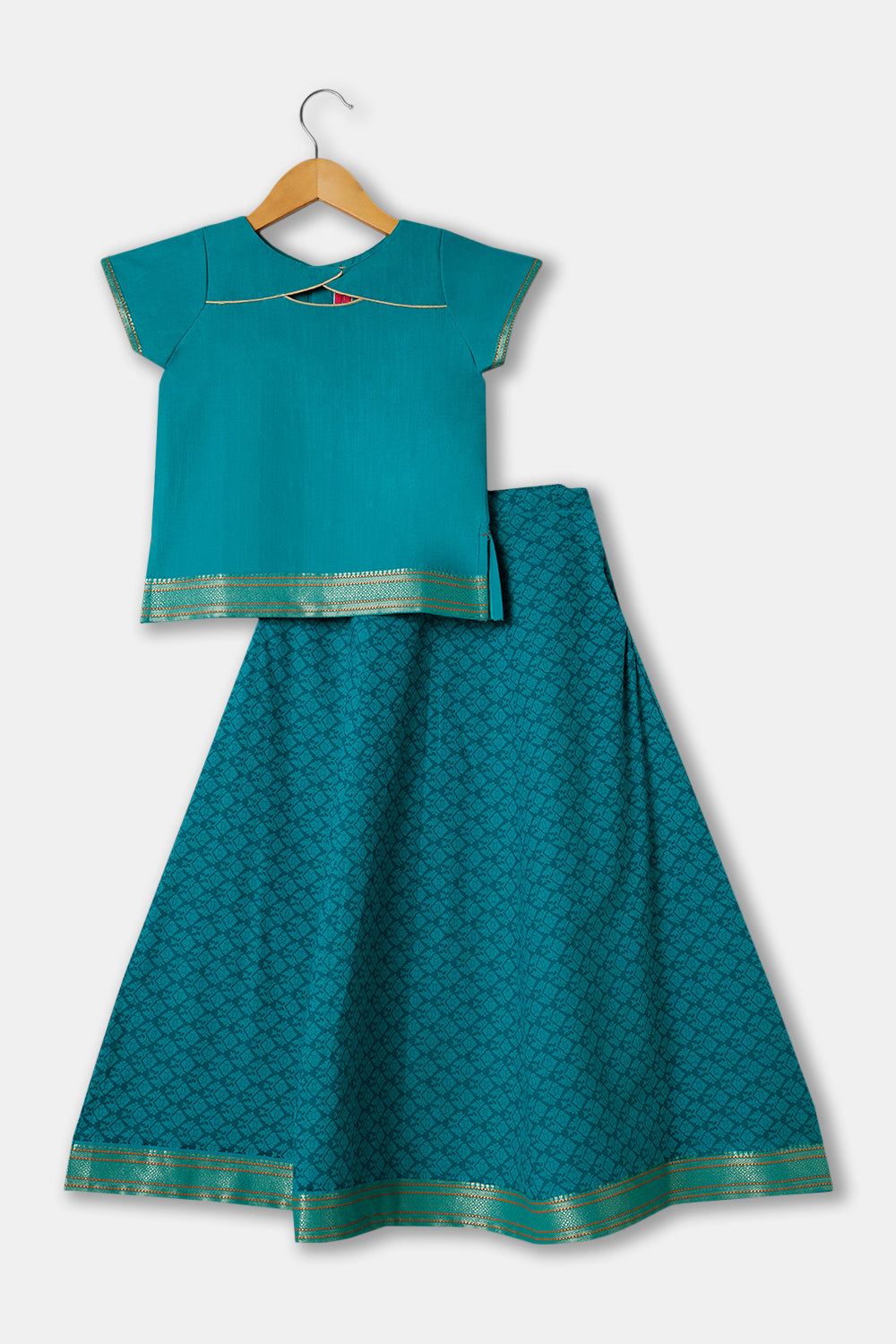 Chittythalli Girls Ethnic wear  Cotton printed fabric  Pavadai Set with  Stylized Neck Half Sleeve - Teal Green - PS65