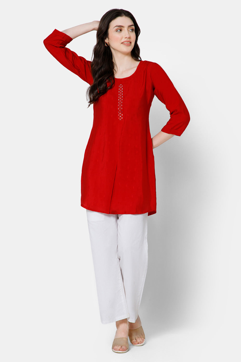 Mythri Women's Casual Tops with Mirror Work At The Center Front  - Red - E022