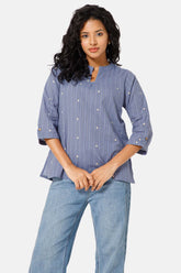 Mythri Manderian Collar 3/4th Sleeve Tab Top  - Blue -  TO04