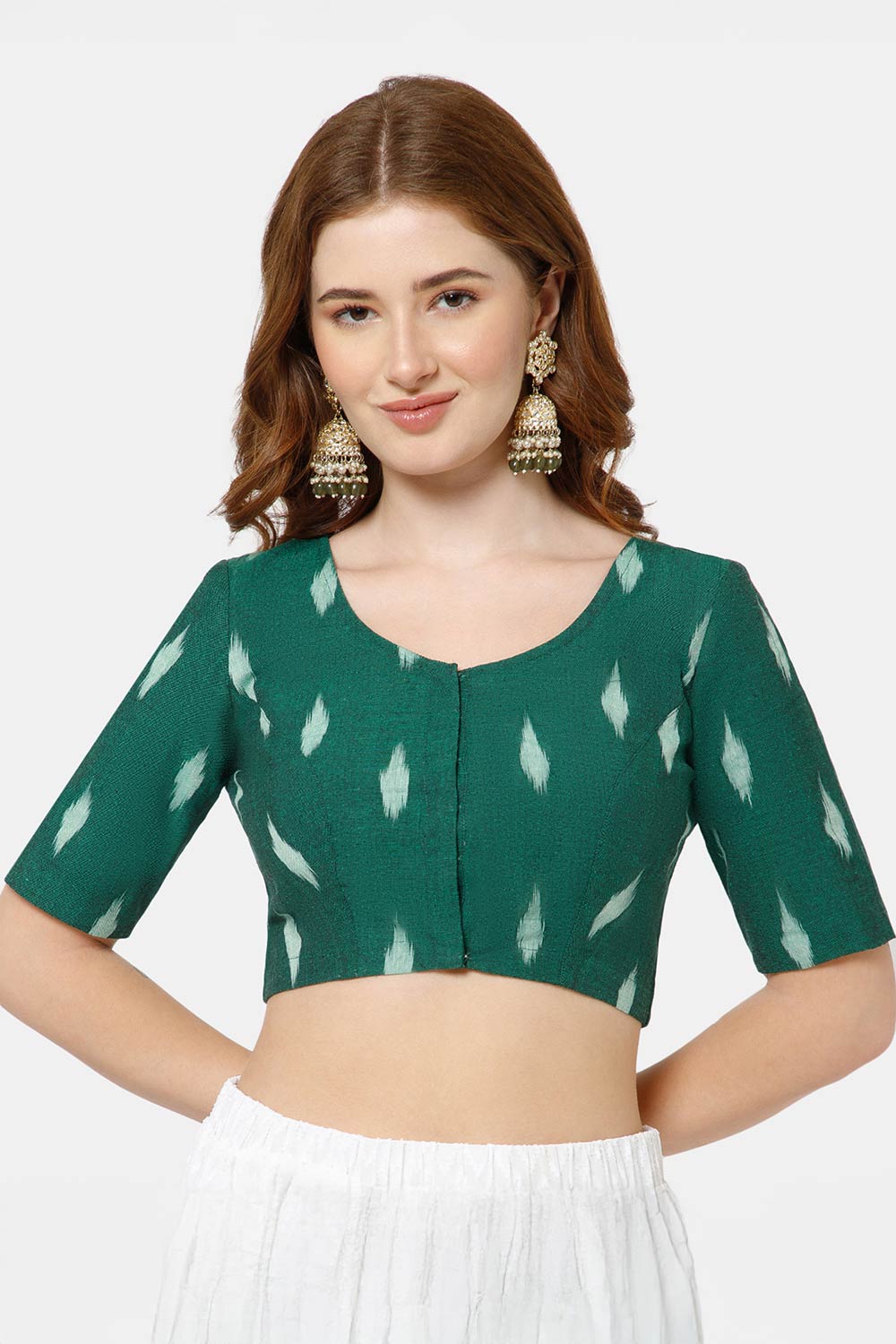 Naidu Hall Women’s Cotton Blouse | Woven U-Neck Ethnic Blouse with Elbow Sleeves & Front Closure - Dark Green - BU17