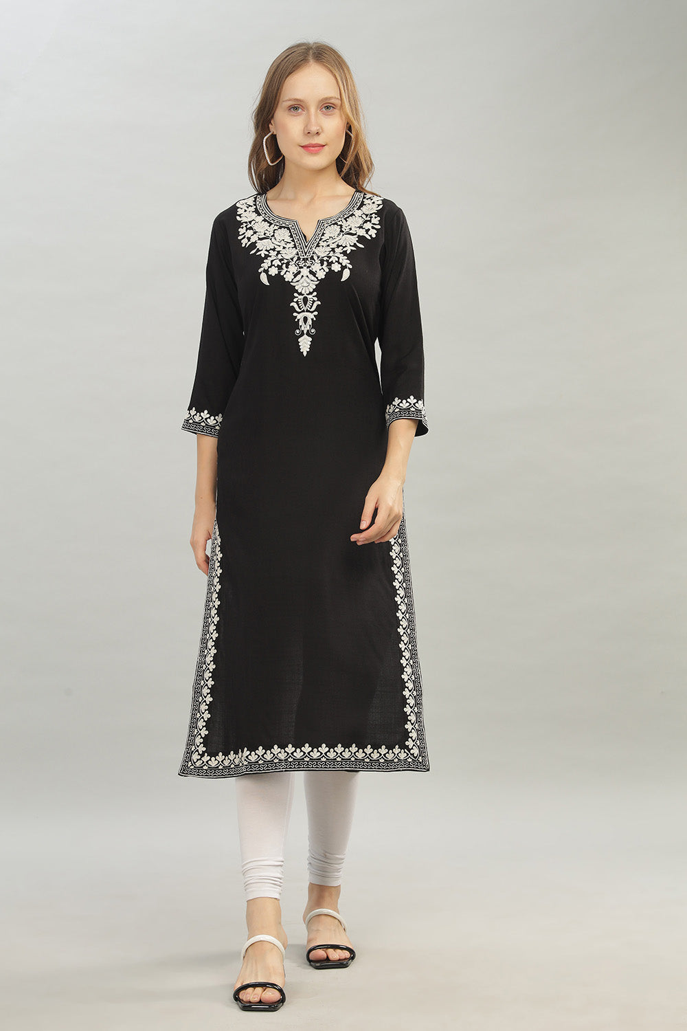 Mythri V Neck Straight Cut Kurta with 3/4 Sleeves - Black - KU43