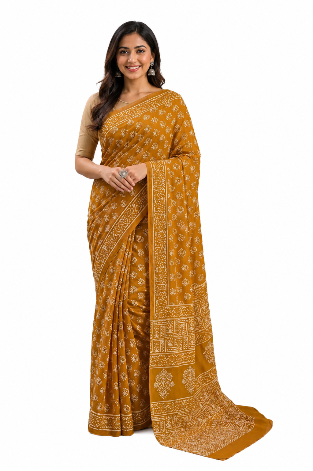 Naidu Hall Women's Mustard Jaipur Print Cotton Blend Saree with Blouse | Lightweight Ethnic Wear Saree - WS07