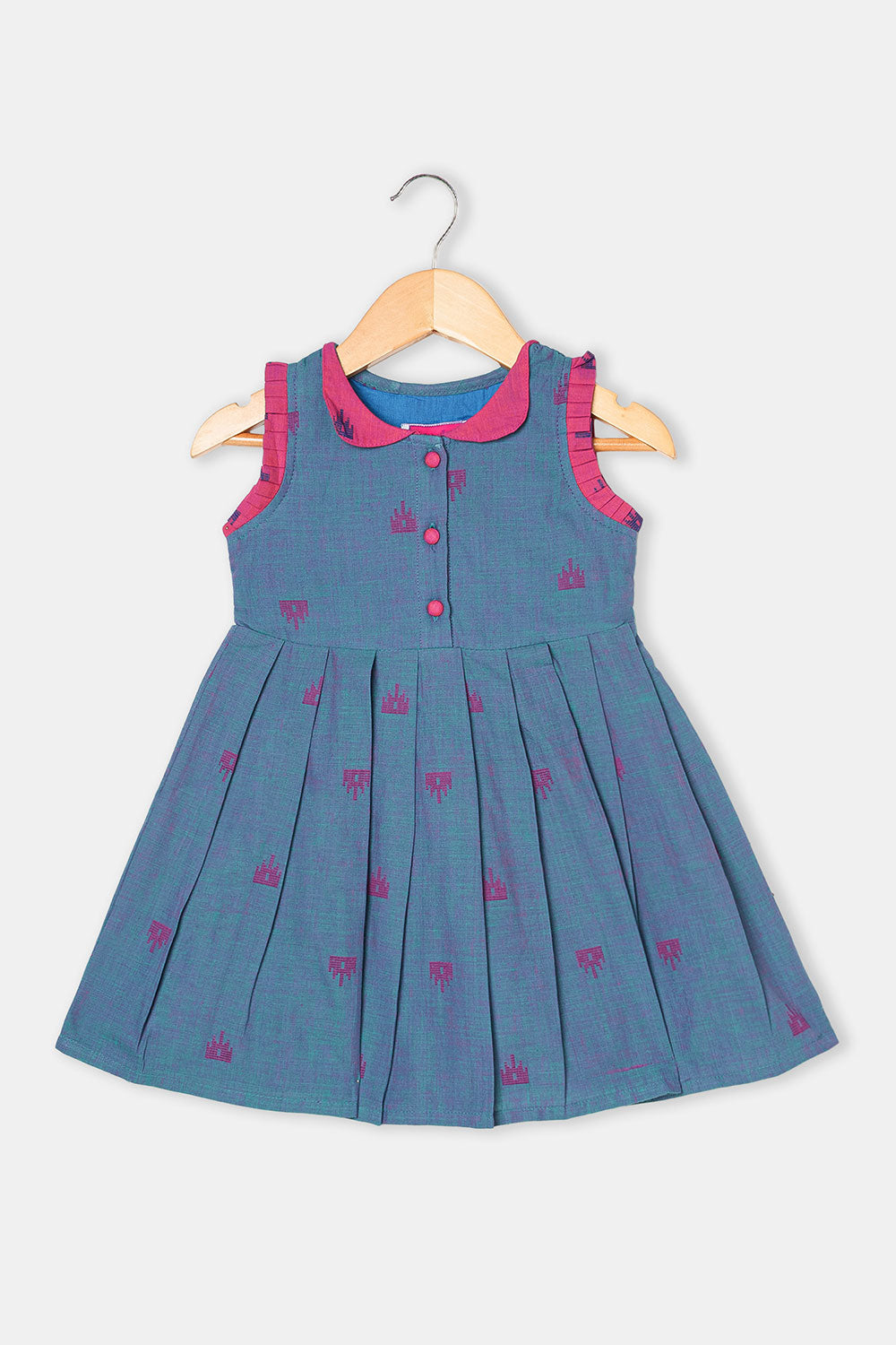 Chittythalli Girls Ethnic Frock Cotton Sleeveless Dress with Peter Pan Collar, Knife Pleats and Gathered Skirt- Blue - FR40