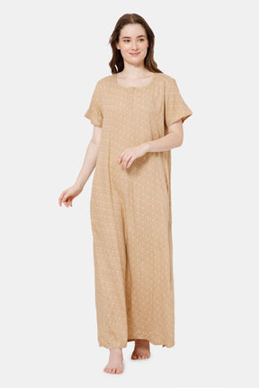 Naidu Hall Front Open Printed Nighty with Square Round Neck - Beige - NT33