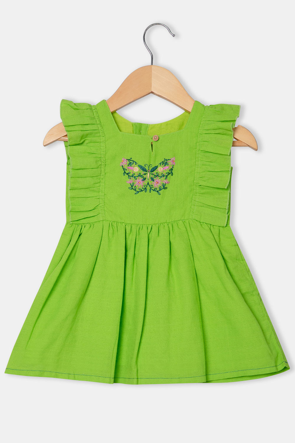 Chittythalli Round Neck Knee-Length Frock with Ruffle Detailing and Hand Embroidery - Green  - FR34