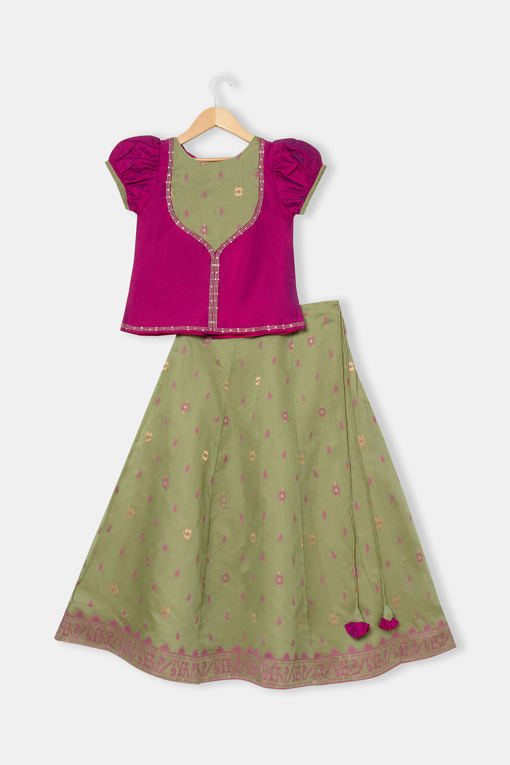 Chittythalli Girls Pavadai Set with Puff Sleeve Top & Embroidered Kali Skirt - Magenda - PS76