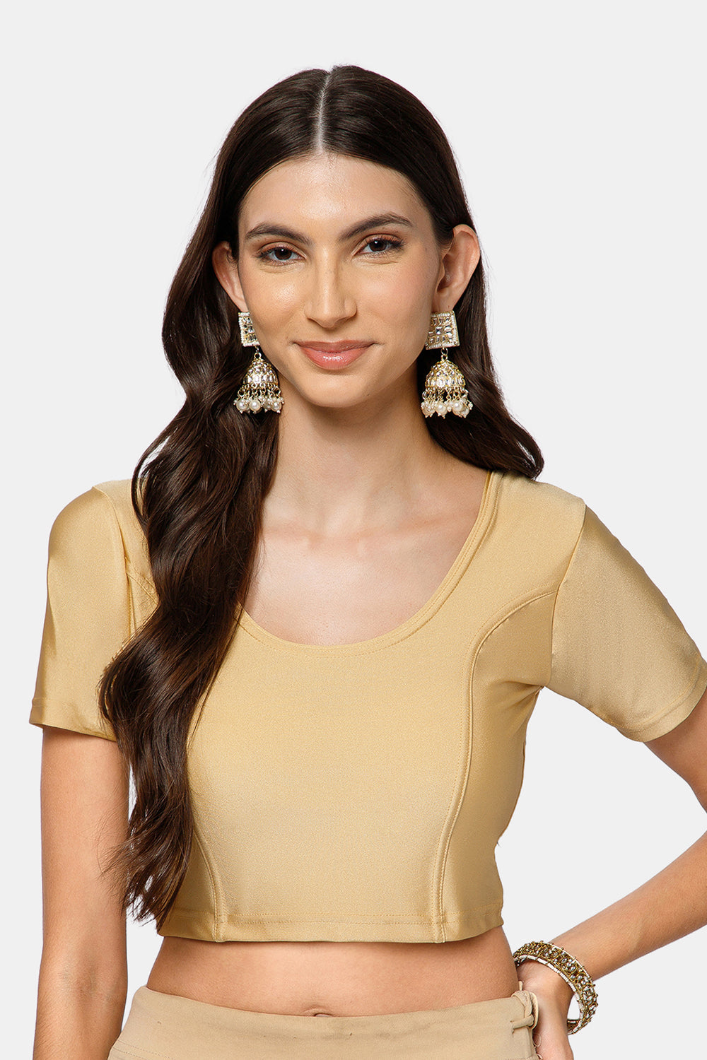Naidu Hall Women’s Shimmer Knitted Saree Blouse | Silk Blend Round Neck Short Sleeve Ready to Wear Blouse | Regular Fit Solid Stretch Blouse for Sarees - Dark Cream Shimmer
