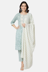 Mythri Straight Kurta With Embroidery Neck Patch And Sleeve Hem Lace Detail With Matching Dupatta Salwar Set  - Green  - SS03