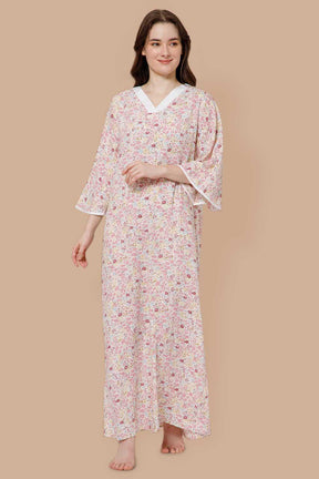 Naidu Hall V Neck Printed Nighty with Long Bell Sleeves - Pink - NT40