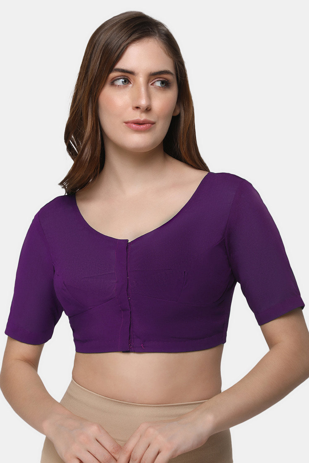 Naidu Hall Women's 2x2 Cotton Saree Blouse | Readymade Round Neck Elbow Sleeve Woven Cotton Blouse | Plain Traditional Blouse for Cotton, Handloom, Linen & Silk Cotton Sarees - RNRE